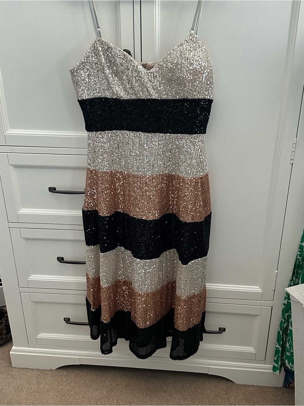 Maison Tara Sequin Stripe Midi Dress in Silver, Black & Bronze